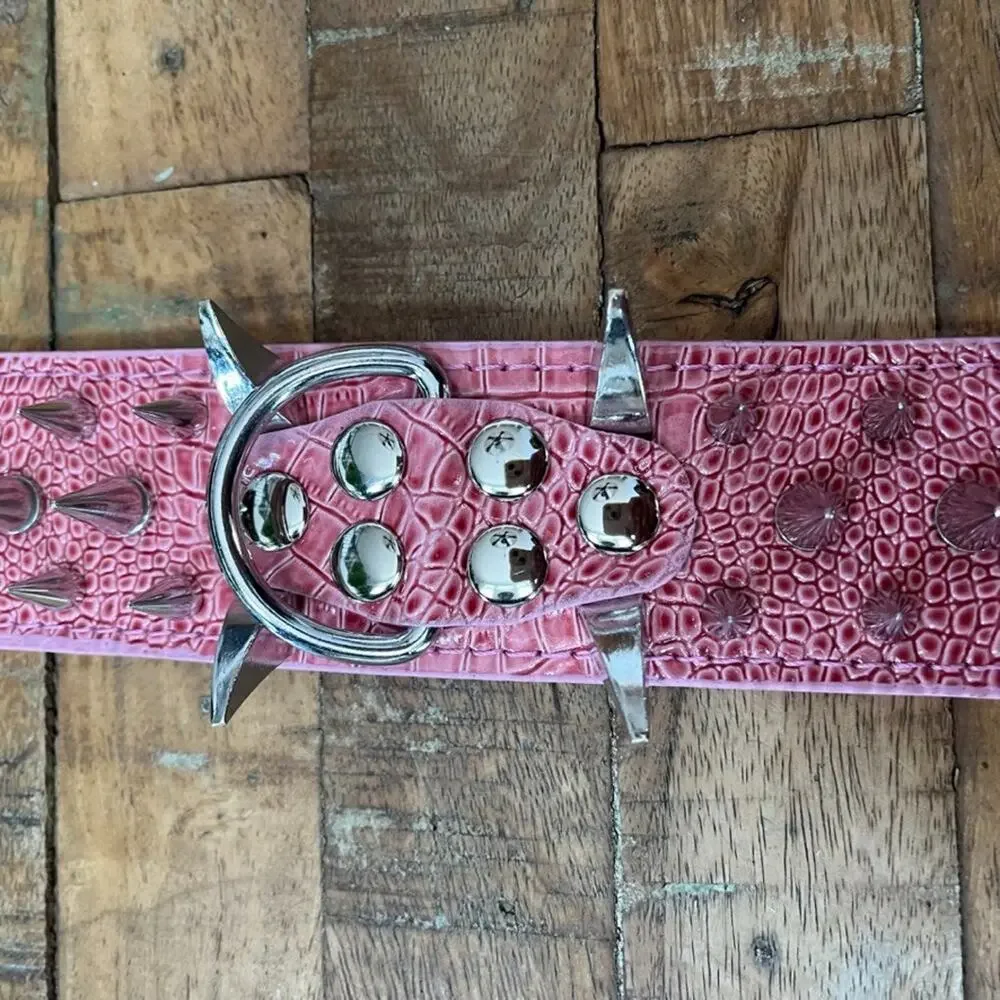 Pink Spiked Dog Collar Faux Croc Leather Medium Large 2